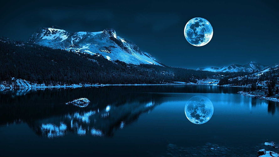 Full Moon Over Snow-Capped Mountains and a Calm Alpine Lake at Night HD wallpaper