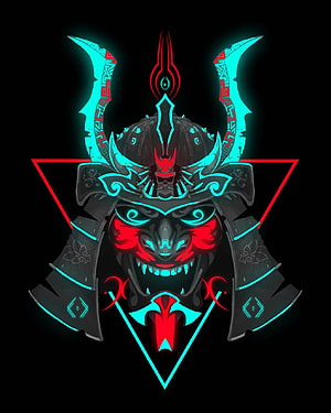 Neon Japanese Oni Mask with Glowing Cyan and Red Accents on Black Background HD phone wallpaper