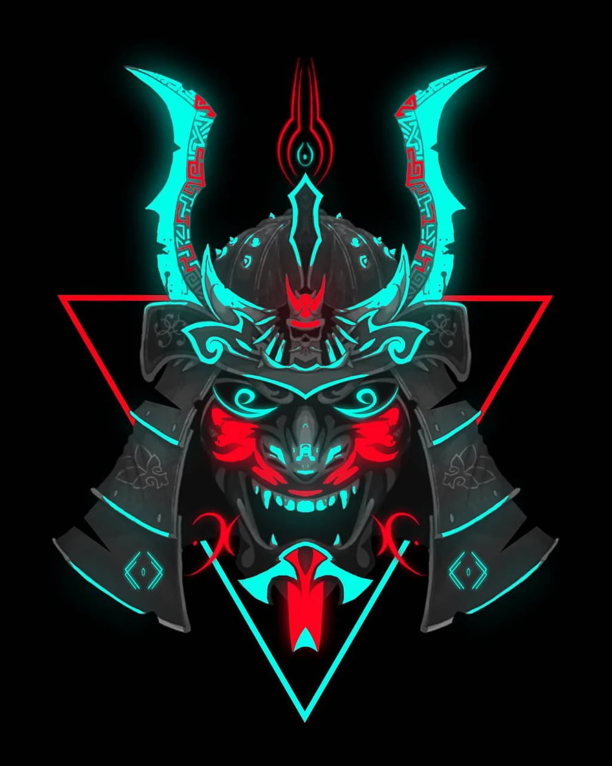 Neon Japanese Oni Mask with Glowing Cyan and Red Accents on Black Background HD phone wallpaper