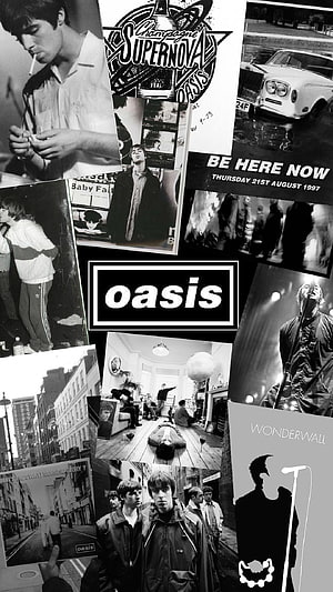 Oasis Band Black and White Photo Collage with Be Here Now and Wonderwall Album Art HD phone wallpaper