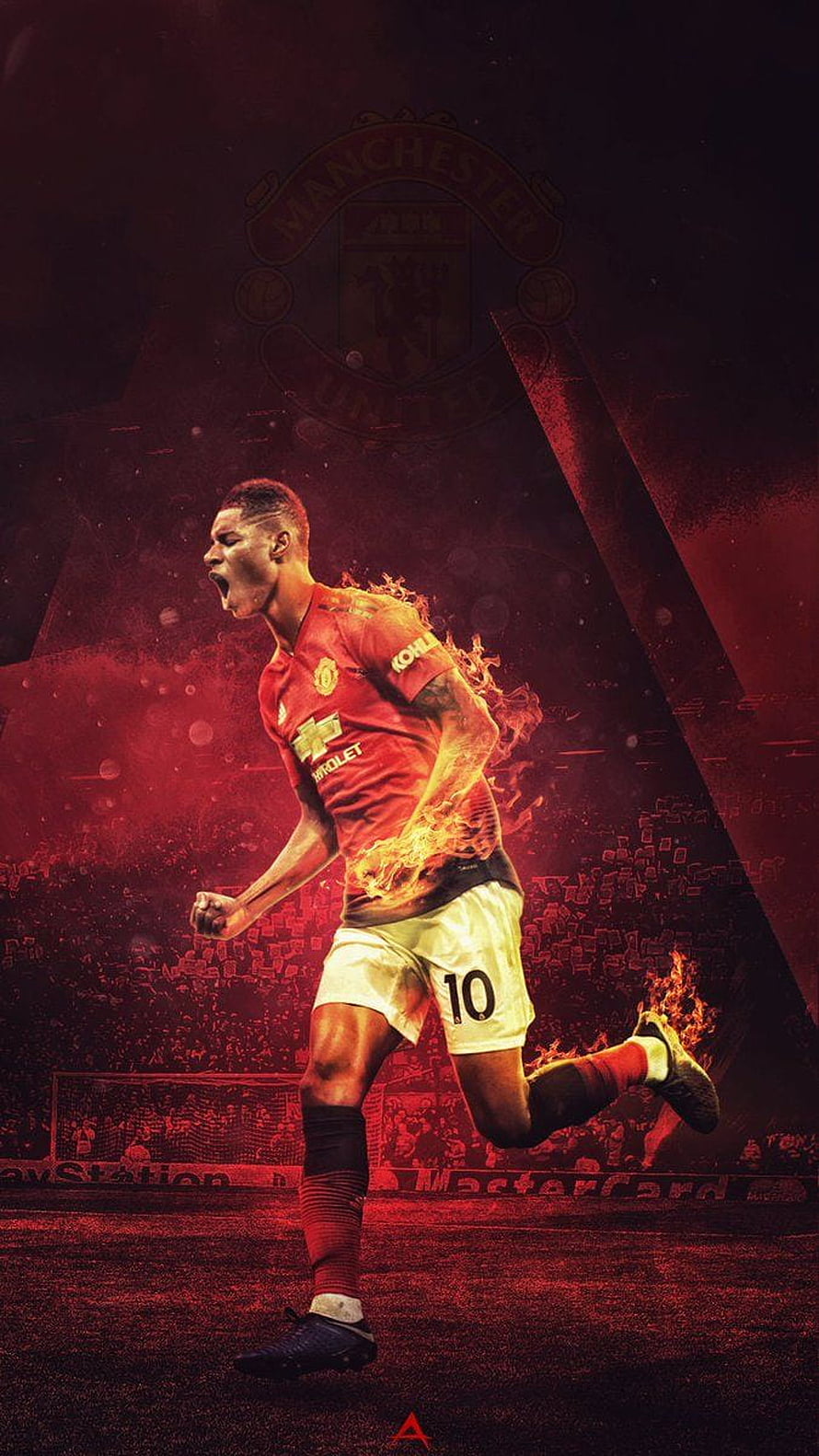 Marcus Rashford Manchester United Number 10 Kit Dramatic Fire Effect Soccer Action Wallpaper HD phone wallpaper