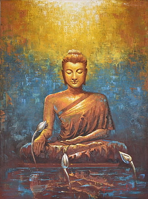 Serene Buddha Meditation Oil Painting with Lotus Flowers and Golden Aura HD phone wallpaper