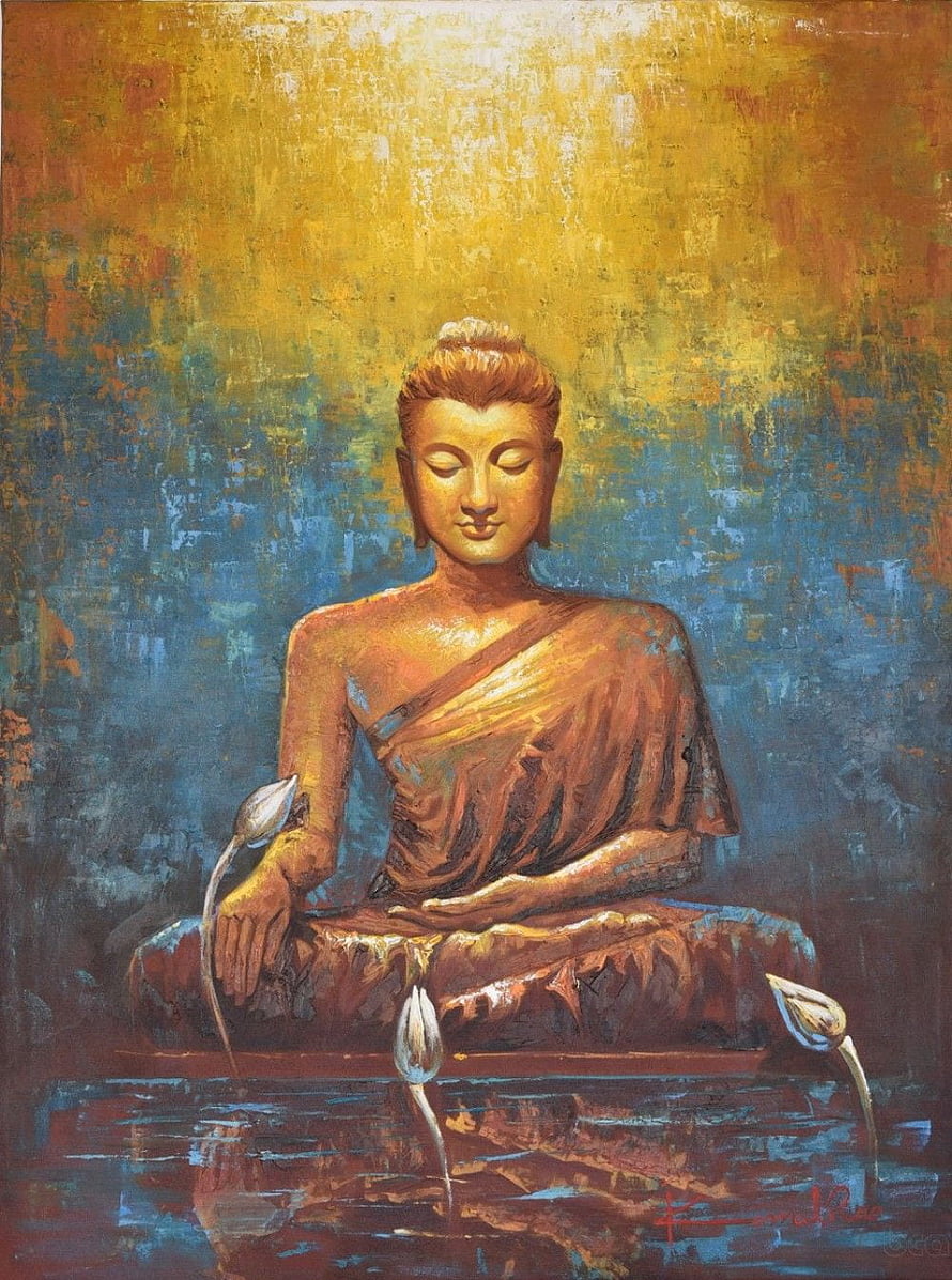 Serene Buddha Meditation Oil Painting with Lotus Flowers and Golden Aura HD phone wallpaper