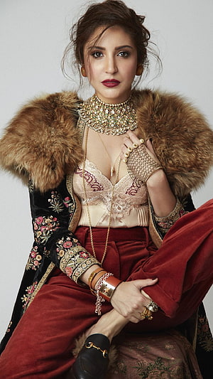 Anushka Sharma in Luxurious Velvet and Fur Ensemble with Intricate Jewelry HD phone wallpaper
