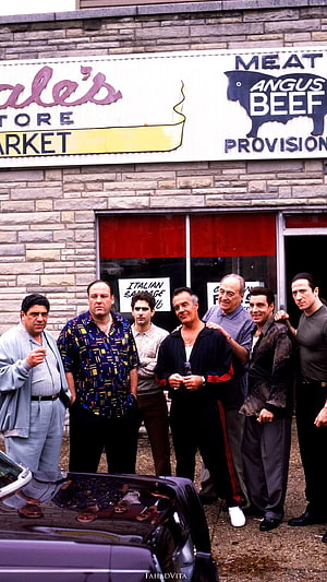 The Sopranos Cast Posing in Front of Bada Bing's Meat Market Storefront HD phone wallpaper