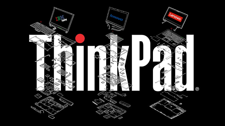 Lenovo ThinkPad Exploded View Logo with Technical Component Diagrams on Black Background HD wallpaper