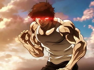 Baki Hanma Anime Character with Glowing Red Eyes in Dynamic Fighting Pose HD wallpaper