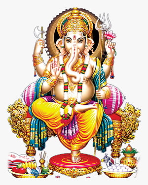 Lord Ganesha Seated on Ornate Throne Holding Trident and Lotus with Modak Offerings HD phone wallpaper