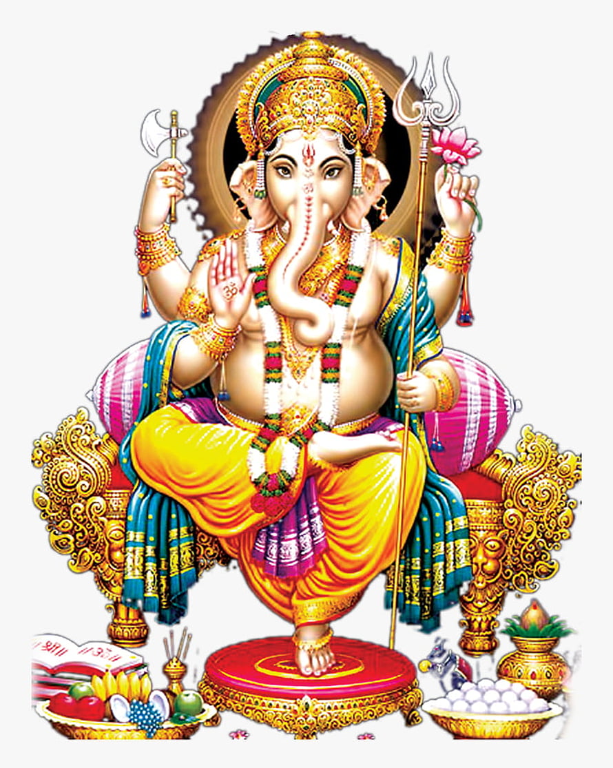 Lord Ganesha Seated on Ornate Throne Holding Trident and Lotus with Modak Offerings HD phone wallpaper