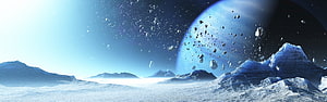 Frozen Alien Landscape with Distant Blue Planet and Floating Asteroids HD wallpaper