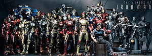 The Armors of Iron Man Poster Featuring Tony Stark and Full Suit Collection HD wallpaper