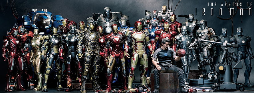 The Armors of Iron Man Poster Featuring Tony Stark and Full Suit Collection HD wallpaper