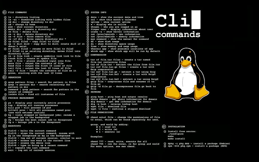 Linux Command Line Reference Guide with Tux Penguin Illustration HD wallpaper