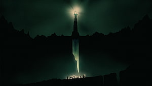 The Eye of Sauron Tower Overlooking Silhouetted Figures in Dark Fantasy Landscape HD wallpaper