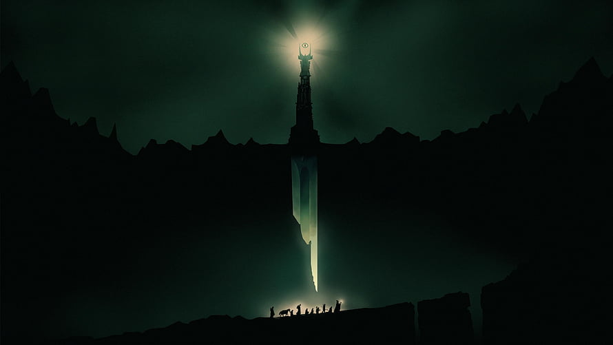 The Eye of Sauron Tower Overlooking Silhouetted Figures in Dark Fantasy Landscape HD wallpaper