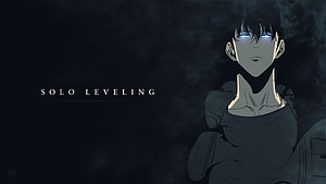 Solo Leveling Anime Character Portrait with Glowing Blue Eyes in Dark Atmosphere HD wallpaper