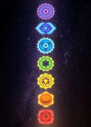 Seven Glowing Chakra Symbols Aligned Vertically Against a Starry Night Sky Background HD phone wallpaper