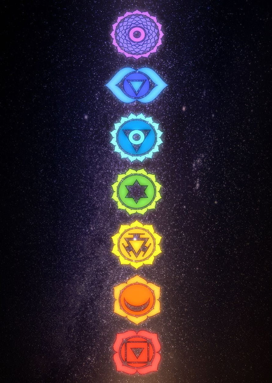 Seven Glowing Chakra Symbols Aligned Vertically Against a Starry Night Sky Background HD phone wallpaper