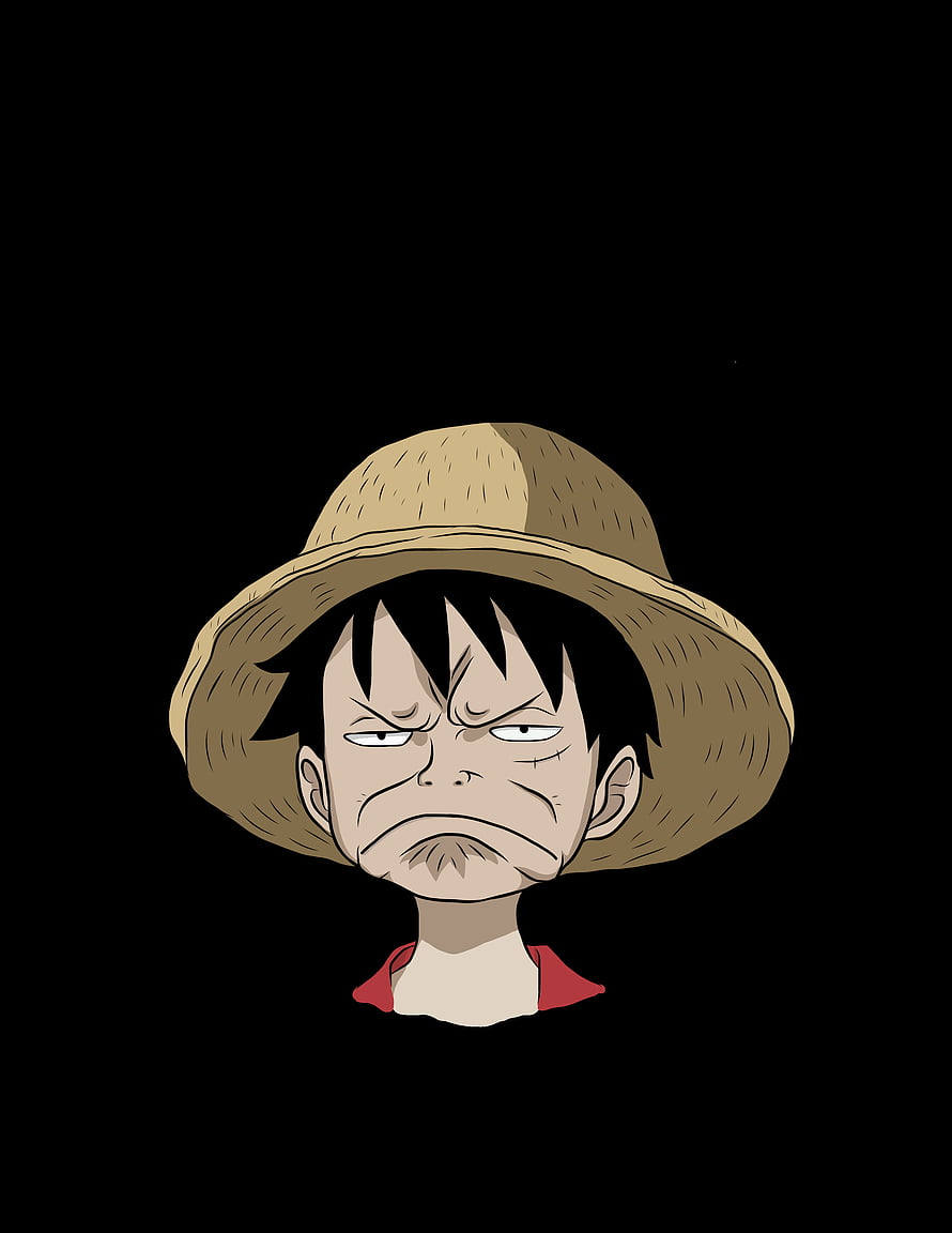 Disappointed Monkey D. Luffy Portrait in Straw Hat and Red Shirt on Black Background HD phone wallpaper