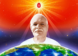 Brahma Kumaris Spiritual Leader Above Earth With Radiant Cosmic Sunburst Background HD wallpaper