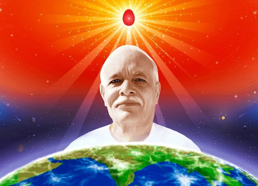 Brahma Kumaris Spiritual Leader Above Earth With Radiant Cosmic Sunburst Background HD wallpaper