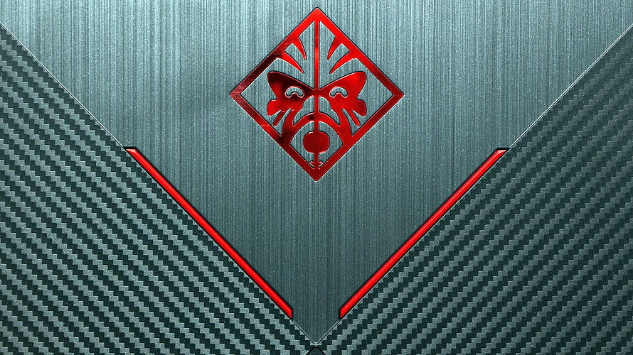 HP Omen Gaming Laptop Red Logo on Brushed Metal and Carbon Fiber Texture HD wallpaper