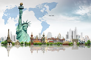 Global Travel Landmarks Collage Featuring Statue of Liberty and World Map HD wallpaper