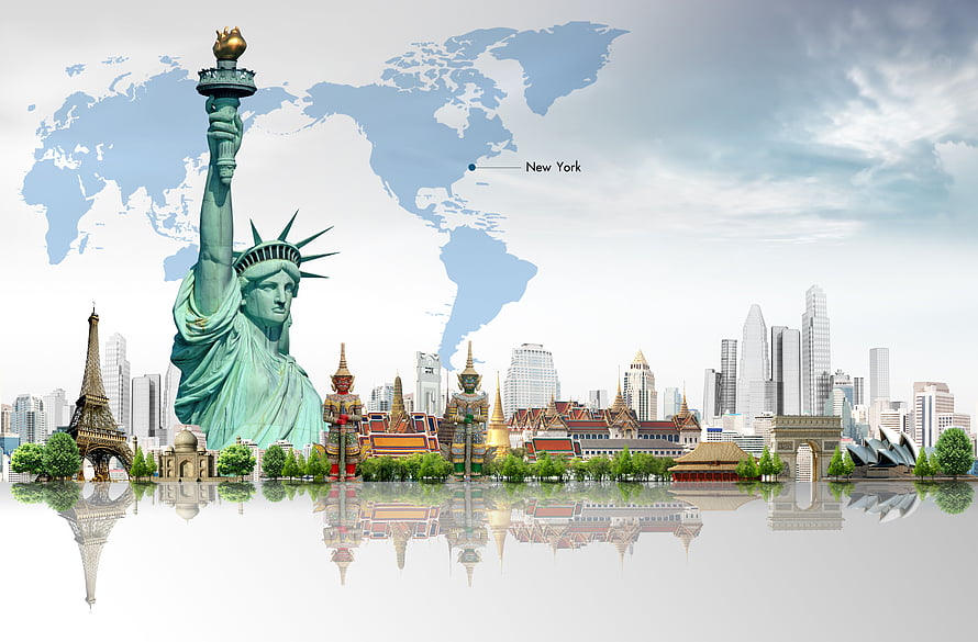 Global Travel Landmarks Collage Featuring Statue of Liberty and World Map HD wallpaper