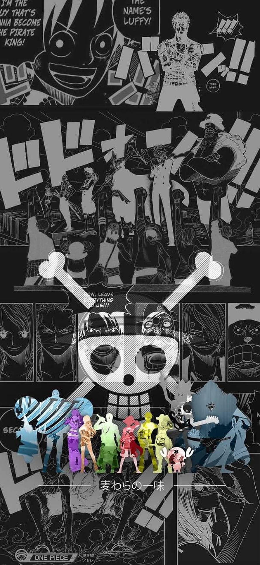 One Piece Straw Hat Pirates Jolly Roger and Crew Members Black and White Anime Collage HD phone wallpaper