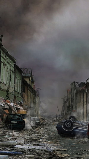 Post-Apocalyptic City Street With Ruined Buildings And Overturned Cars Under Dark Smoke HD phone wallpaper