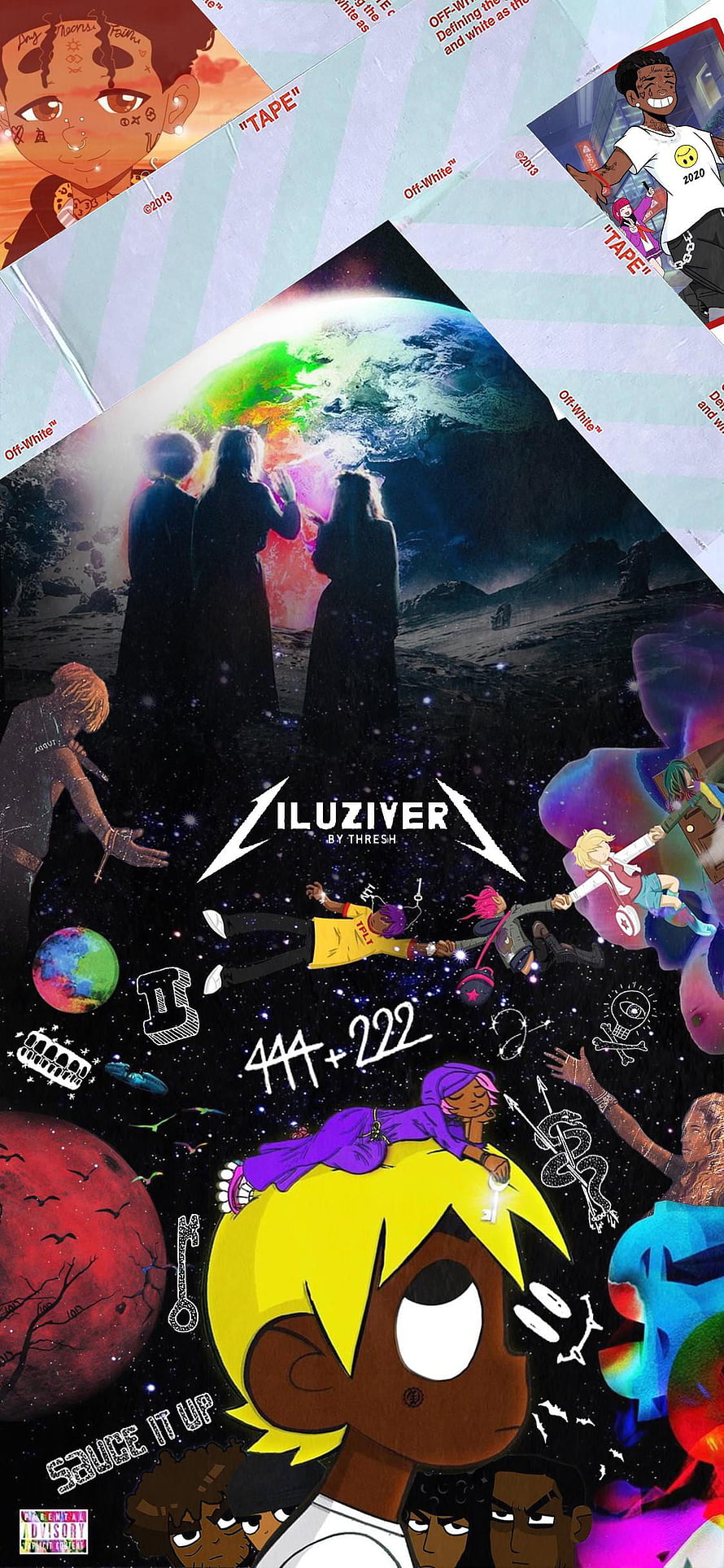 Lil Uzi Vert Cartoon Collage with Space and Off-White Branding HD phone wallpaper