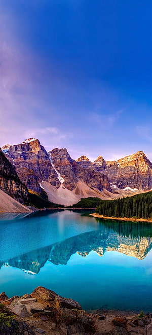 Majestic Mountain Range Reflected in Turquoise Alpine Lake at Golden Hour HD phone wallpaper