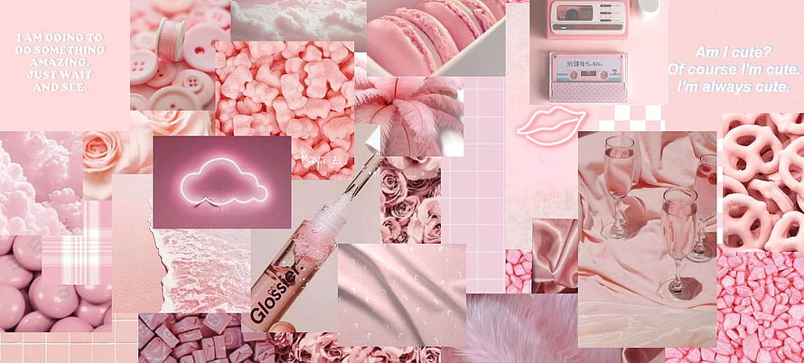 Soft Pink Aesthetic Collage with Glossier, Macarons, and Neon Cloud HD wallpaper