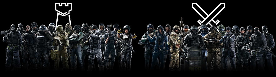 Tom Clancy's Rainbow Six Siege Elite Operators Lineup with Team Emblems on Black Background HD wallpaper