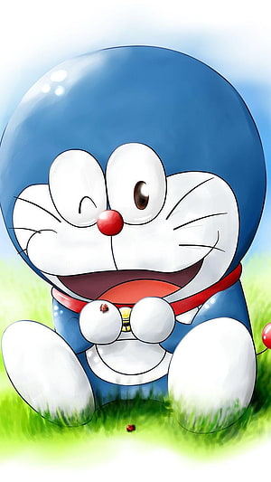 Doraemon Winking and Smiling in a Sunny Green Meadow HD phone wallpaper