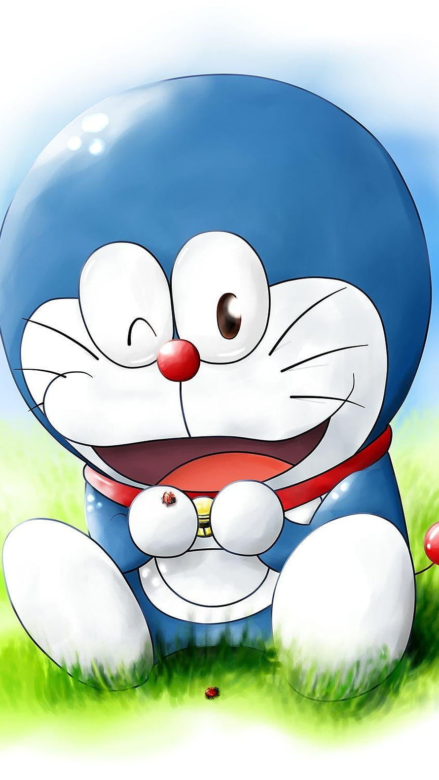 Doraemon Winking and Smiling in a Sunny Green Meadow HD phone wallpaper