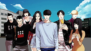 Lookism Anime Group Portrait of Characters in Urban Setting HD wallpaper