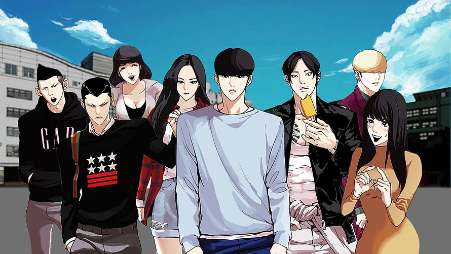 Lookism Anime Group Portrait of Characters in Urban Setting HD wallpaper