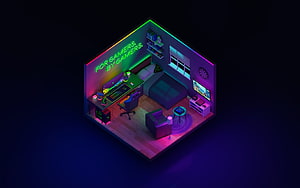 Isometric Neon Gaming Room with Razer RGB Setup and Purple Ambient Lighting HD wallpaper