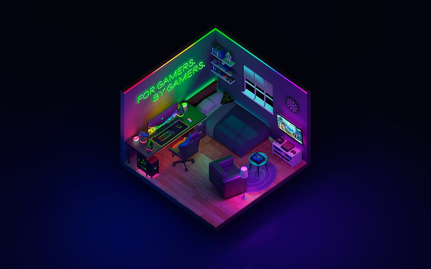 Isometric Neon Gaming Room with Razer RGB Setup and Purple Ambient Lighting HD wallpaper