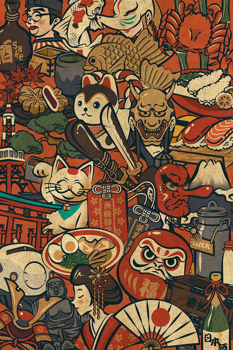 Japanese Cultural Icons Illustration Featuring Geisha, Daruma, Masks, and Traditional Food HD phone wallpaper