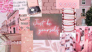 Pink Aesthetic Collage with Macarons, Neon Signs, and Vintage Elements HD wallpaper