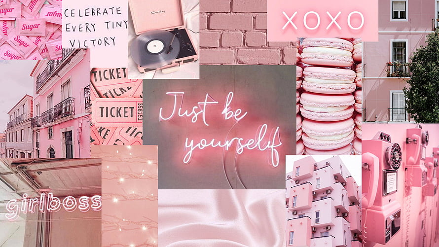 Pink Aesthetic Collage with Macarons, Neon Signs, and Vintage Elements HD wallpaper