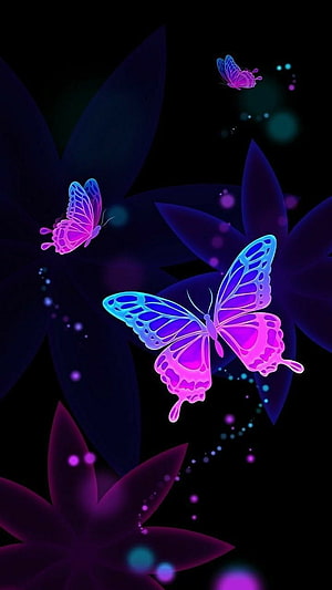Neon Purple and Blue Glowing Butterflies on Dark Floral Background HD phone wallpaper