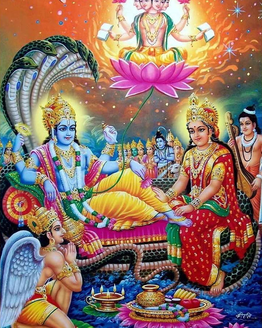 Vishnu and Lakshmi Reclining on Shesha Naga with Brahma and Devotees in Traditional Indian Art HD phone wallpaper