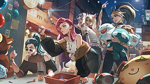 KDA All Out League of Legends Girls Taking Selfie at Night Market with Plushies HD wallpaper