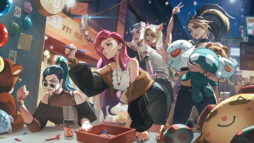 KDA All Out League of Legends Girls Taking Selfie at Night Market with Plushies HD wallpaper