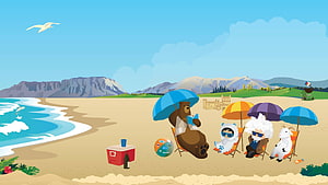 Cartoon Characters Relaxing on a Sunny Beach with Colorful Umbrellas and Mountains HD wallpaper