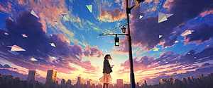 Anime Girl Standing at City Crosswalk Under Sunset Sky with Floating Paper Planes HD wallpaper