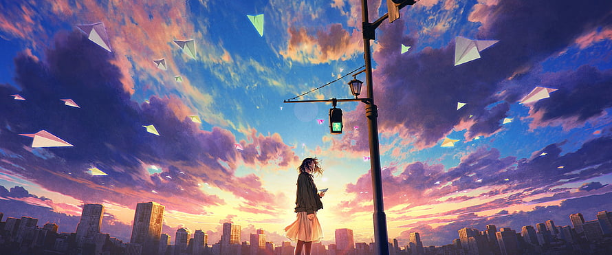 Anime Girl Standing at City Crosswalk Under Sunset Sky with Floating Paper Planes HD wallpaper